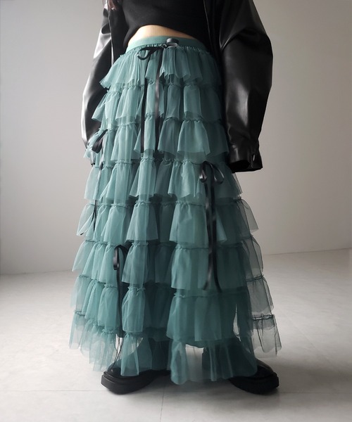 me+em select（ミームセレクト）の「【 ５color 】リボンボリュームカラーチュールスカート ／ribbon volume color tulle skirt（スカート・レディース・グレー/ブルー/ダークグリーン/ダークグレー/ピンク・FREE）」の2枚目の写真