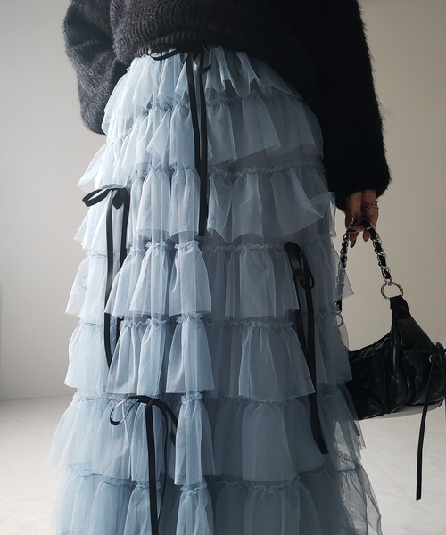 me+em select（ミームセレクト）の「【 ５color 】リボンボリュームカラーチュールスカート ／ribbon volume color tulle skirt（スカート・レディース・グレー/ブルー/ダークグリーン/ダークグレー/ピンク・FREE）」の10枚目の写真