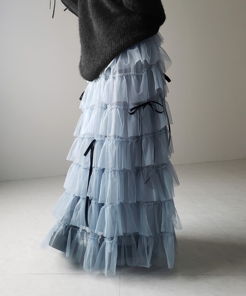 me+em select（ミームセレクト）の「【 ５color 】リボンボリュームカラーチュールスカート ／ribbon volume color tulle skirt（スカート・レディース・グレー/ブルー/ダークグリーン/ダークグレー/ピンク・FREE）」の8枚目の写真