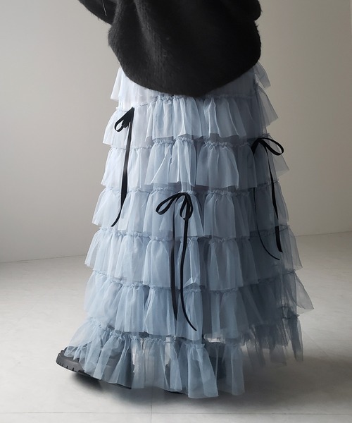 me+em select（ミームセレクト）の「【 ５color 】リボンボリュームカラーチュールスカート ／ribbon volume color tulle skirt（スカート・レディース・グレー/ブルー/ダークグリーン/ダークグレー/ピンク・FREE）」の7枚目の写真