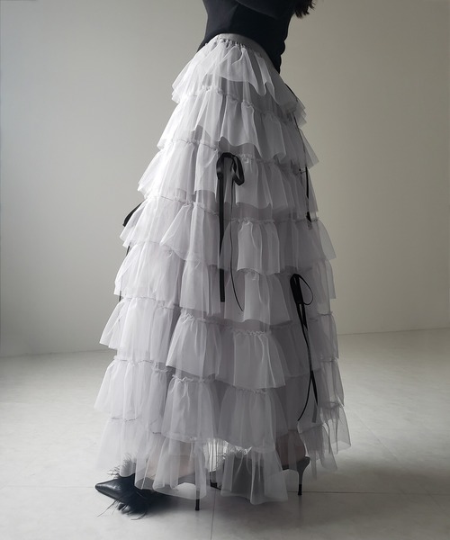 5color 】リボンボリュームカラーチュールスカート ／ribbon volume