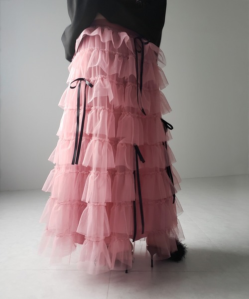 me+em select（ミームセレクト）の「【 ５color 】リボンボリュームカラーチュールスカート ／ribbon volume color tulle skirt（スカート・レディース・グレー/ブルー/ダークグリーン/ダークグレー/ピンク・FREE）」の6枚目の写真