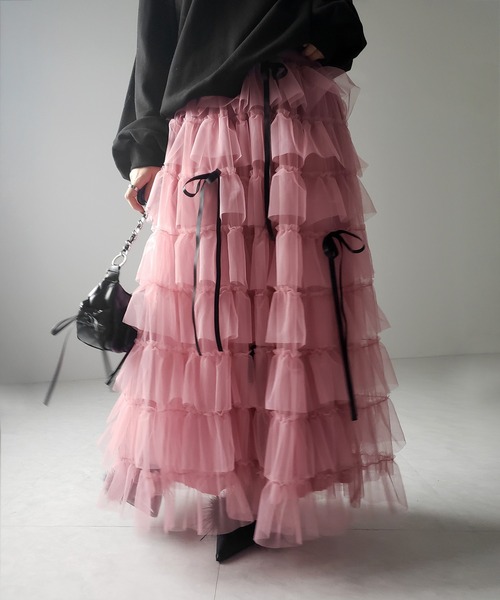 5color 】リボンボリュームカラーチュールスカート ／ribbon volume