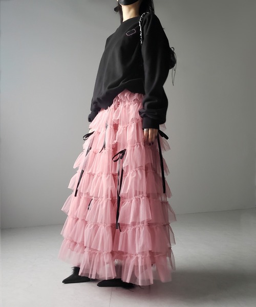 5color 】リボンボリュームカラーチュールスカート ／ribbon volume