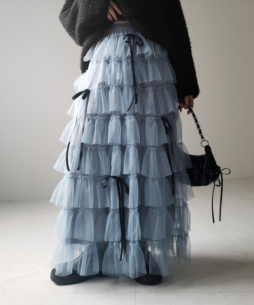 5color 】リボンボリュームカラーチュールスカート ／ribbon volume