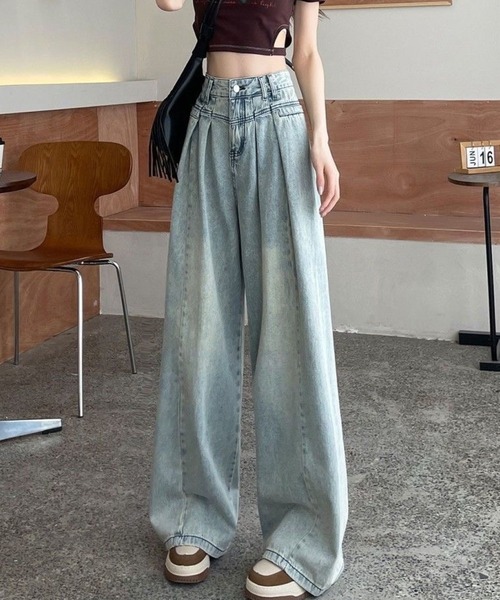 CANVAS+(キャンバスプラス)の「【CANVAS+】デニムタックワイドパンツ(デニムパンツ・レディース・サックスブルー・S/M/L)」の1枚目の写真