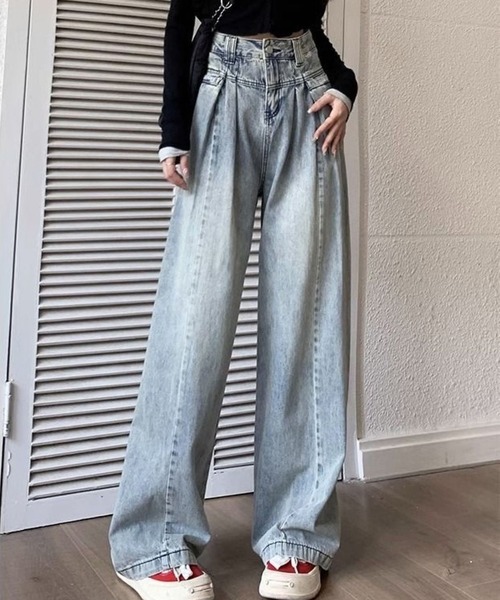 CANVAS+(キャンバスプラス)の「【CANVAS+】デニムタックワイドパンツ(デニムパンツ・レディース・サックスブルー・S/M/L)」の2枚目の写真