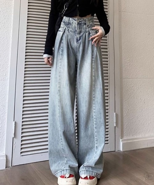 CANVAS+(キャンバスプラス)の「【CANVAS+】デニムタックワイドパンツ(デニムパンツ・レディース・サックスブルー・S/M/L)」の3枚目の写真