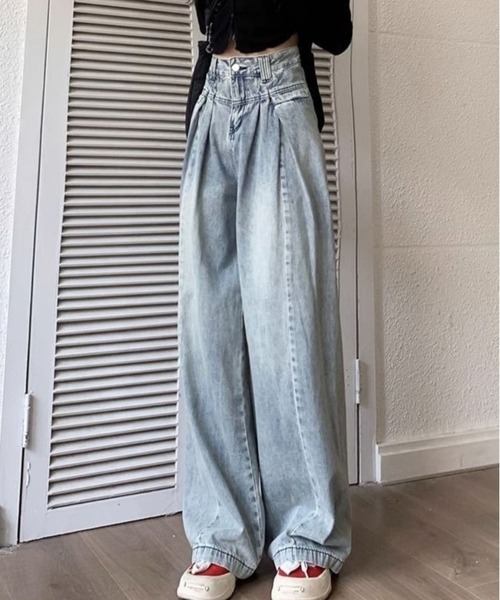 CANVAS+(キャンバスプラス)の「【CANVAS+】デニムタックワイドパンツ(デニムパンツ・レディース・サックスブルー・S/M/L)」の4枚目の写真