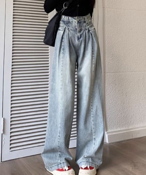 CANVAS+(キャンバスプラス)の「【CANVAS+】デニムタックワイドパンツ(デニムパンツ・レディース・サックスブルー・S/M/L)」の6枚目の写真