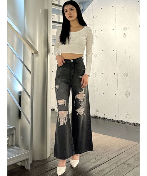 DABUWAWAハイウェスト ダメージデニムパンツ チェーン付き ハイウエストカットダメージデニムパンツ | レディース