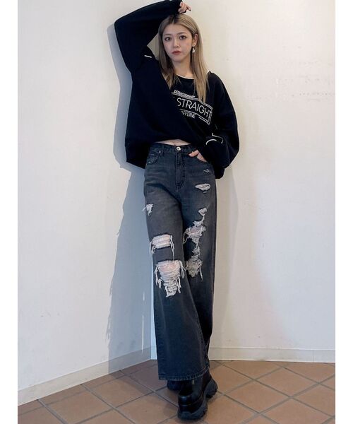 未使用GYDAハイウエストPATCHダメージ ストレートワイド デニム パンツS セール】ハイウエストダメージレースPatchストレートワイド