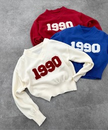 【jiasecond.】フロントロゴニットトップス / トップス ニット ロゴ クロップド ショート プルオーバー 長袖 ブルー アイボリー レッド ZOZOTOWN限定