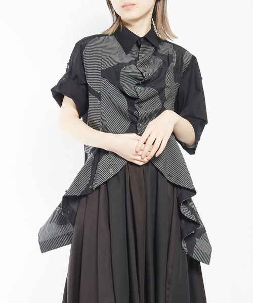 炎天下 gomme 中欧プリント ライトドレープブラウス ブラック