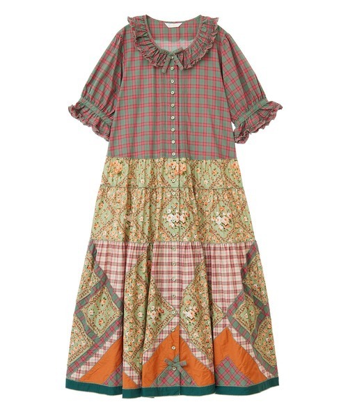 【セール】薔薇格子プリントパッチワークワンピース（ワンピース）｜PINK HOUSE（ピンクハウス）