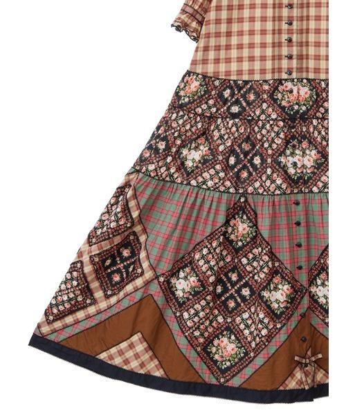 【セール】薔薇格子プリントパッチワークワンピース（ワンピース）｜PINK HOUSE（ピンクハウス）