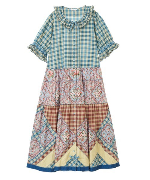 【セール】薔薇格子プリントパッチワークワンピース（ワンピース）｜PINK HOUSE（ピンクハウス）