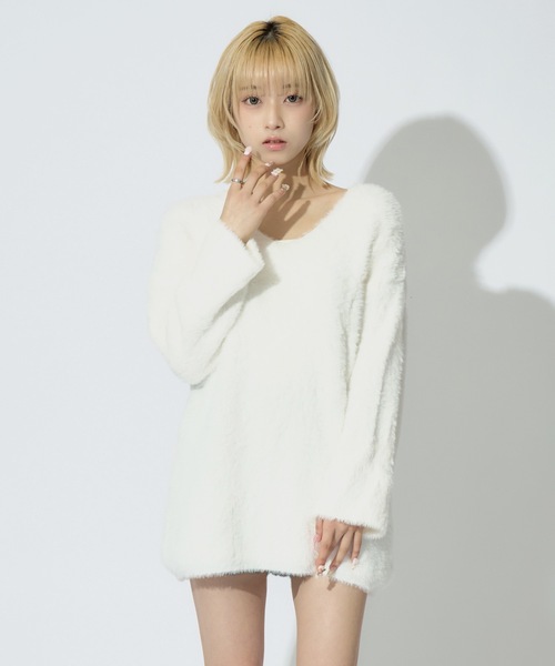 tinkerend(ティンカーエンド)の「Round Neck Shaggy Knit / ラウンドネックシャギーニット ミニワンピ(ニット/セーター・レディース・グレー/ピンク/ホワイト/ブラック・FREE)」の2枚目の写真