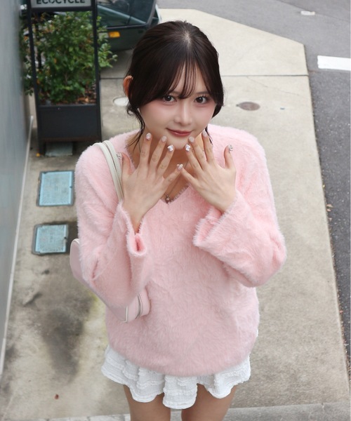 tinkerend(ティンカーエンド)の「Round Neck Shaggy Knit / ラウンドネックシャギーニット ミニワンピ(ニット/セーター・レディース・グレー/ピンク/ホワイト/ブラック・FREE)」の1枚目の写真