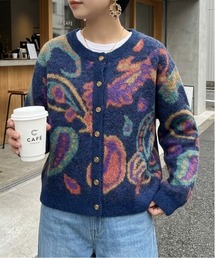 変形ゴールドボタン ジャガードニットカーディガン