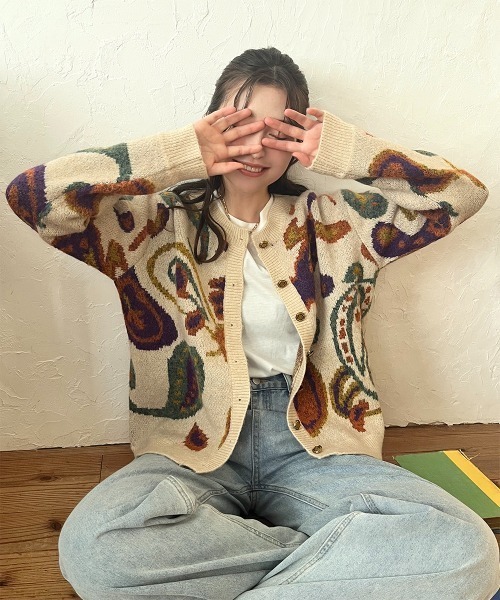 セール】変形ゴールドボタン ジャガードニットカーディガン