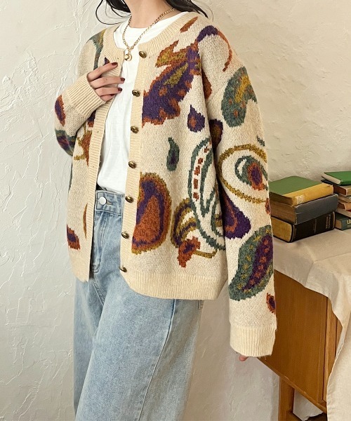 セール】変形ゴールドボタン ジャガードニットカーディガン