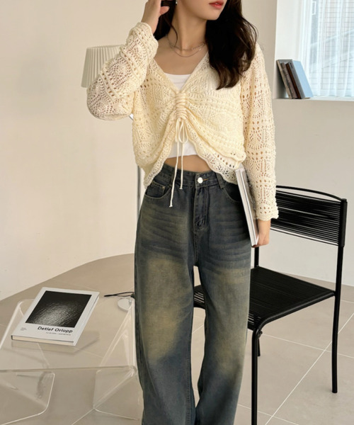 Ada.(エイダ)の「かぎ針編み風 フロント ドロスト リボン ショートニット(ニット/セーター・レディース・ブラック/アイボリー/ピンク・FREE)」の14枚目の写真