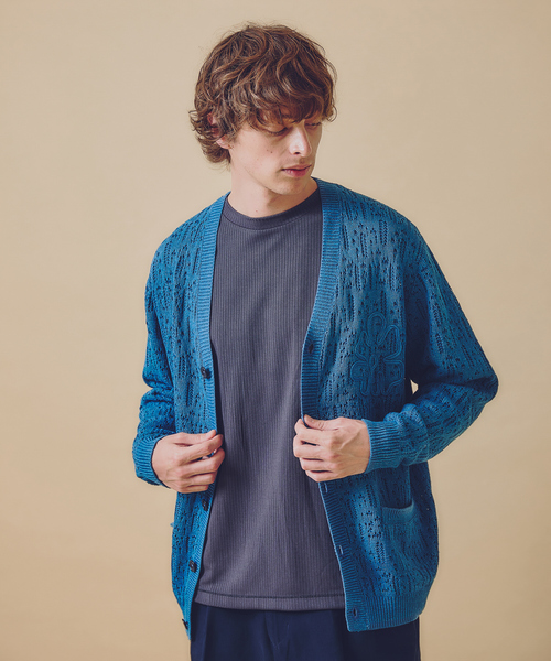ABAHOUSE(アバハウス)の「【スカシ柄】インディゴヤーン接結カーディガン(カーディガン/ボレロ・メンズ・オフホワイト/インディゴブルー・46/48)」の1枚目の写真
