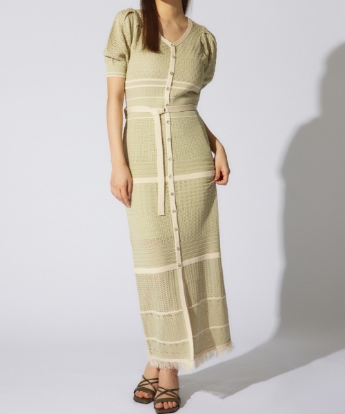 rienda(リエンダ)の「2WAYフリンジライン配色クロシェニットワンピース 半袖 夏服(ワンピース・レディース・ホワイト/ブラック/ライトグリーン・FREE)」の3枚目の写真