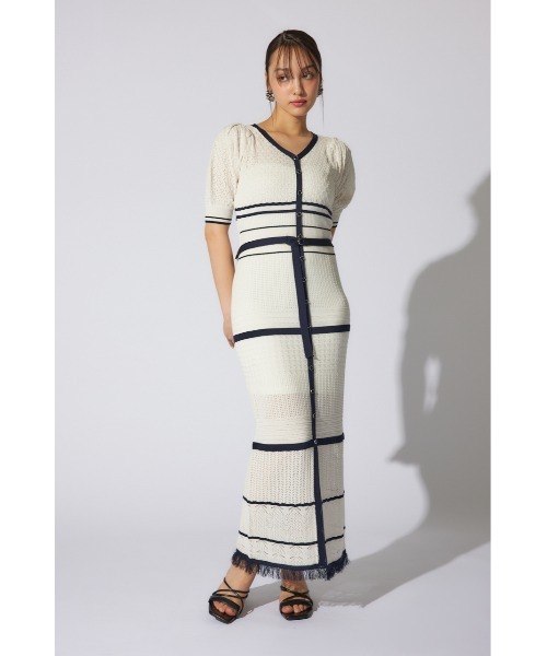 rienda(リエンダ)の「2WAYフリンジライン配色クロシェニットワンピース 半袖 夏服(ワンピース・レディース・ホワイト/ブラック/ライトグリーン・FREE)」の5枚目の写真