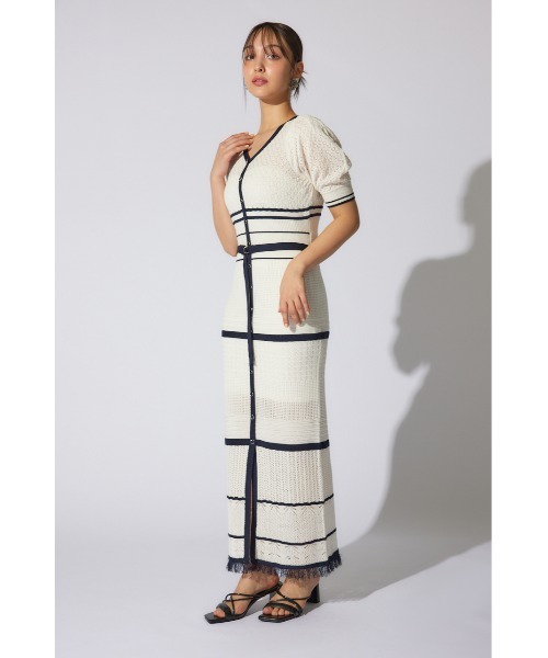rienda(リエンダ)の「2WAYフリンジライン配色クロシェニットワンピース 半袖 夏服(ワンピース・レディース・ホワイト/ブラック/ライトグリーン・FREE)」の6枚目の写真
