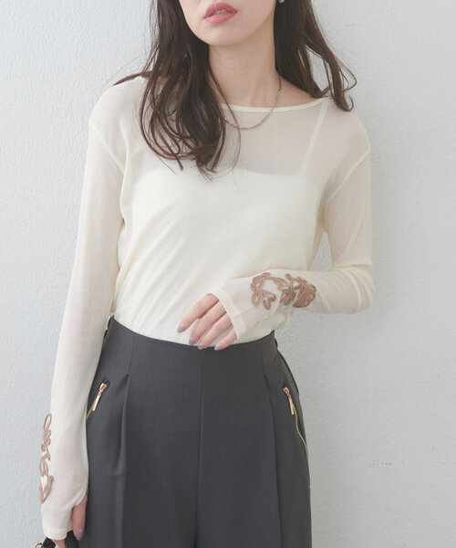natural couture(ナチュラルクチュール)の「ネットチュール配色柄刺繍プルオーバー(Tシャツ/カットソー・レディース・チャコールグレー/アイボリー/ピンク・FREE)」の13枚目の写真