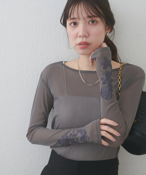 natural couture(ナチュラルクチュール)の「ネットチュール配色柄刺繍プルオーバー(Tシャツ/カットソー・レディース・チャコールグレー/アイボリー/ピンク・FREE)」の18枚目の写真