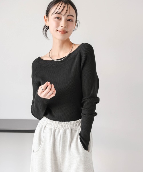 La-gemme(ラジェム)の「2WAYリブニットトップス(Tシャツ/カットソー・レディース・ブラック/ホワイト/グレー/ベージュ・フリー)」の8枚目の写真