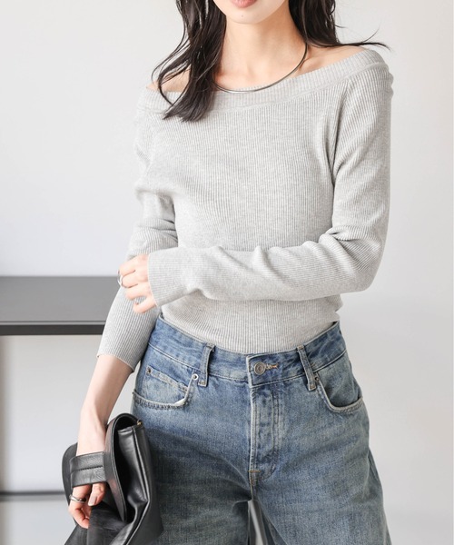 La-gemme(ラジェム)の「2WAYリブニットトップス(Tシャツ/カットソー・レディース・ブラック/ホワイト/グレー/ベージュ・フリー)」の14枚目の写真