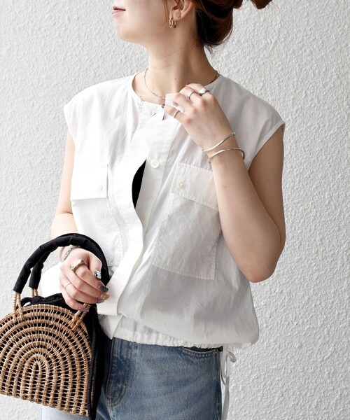 SHIPS for women / シップスウィメン SHIPS any:〈洗濯機可能〉ポプリン フレンチスリーブ ポケット ドロスト シャツ セール】SHIPS any:〈洗濯機可能〉ポプリン フレンチスリーブ