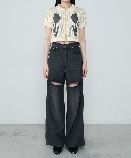 le ELMi（ルエルミ）の「【Uniquely bold design】Tulip flower motif compact polo knit / フラワーデザイン ニットカーディガントップス（カーディガン/ボレロ・レディース・ブラウン/ブラック/オフホワイト・FREE）」の9枚目の写真