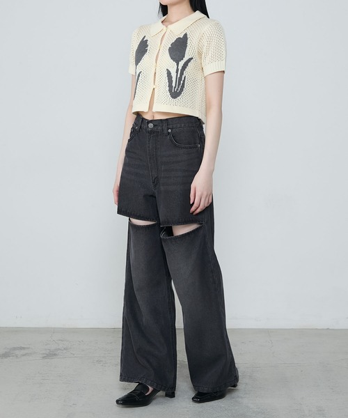 le ELMi（ルエルミ）の「【Uniquely bold design】Tulip flower motif compact polo knit / フラワーデザイン ニットカーディガントップス（カーディガン/ボレロ・レディース・ブラウン/ブラック/オフホワイト・FREE）」の10枚目の写真