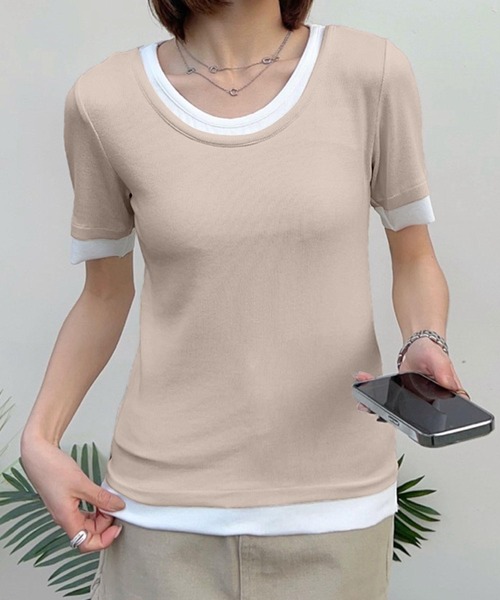 aimoha(アイモハ)の「リブ配色Tシャツ (SS)(Tシャツ/カットソー・レディース・グレー/ライトベージュ/ホワイト/ブラック/ダークグレー・MEDIUM/LARGE)」の3枚目の写真