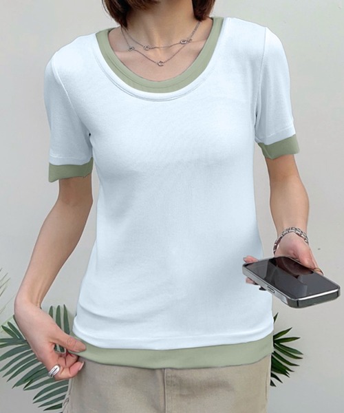 aimoha(アイモハ)の「リブ配色Tシャツ (SS)(Tシャツ/カットソー・レディース・グレー/ライトベージュ/ホワイト/ブラック/ダークグレー・MEDIUM/LARGE)」の1枚目の写真