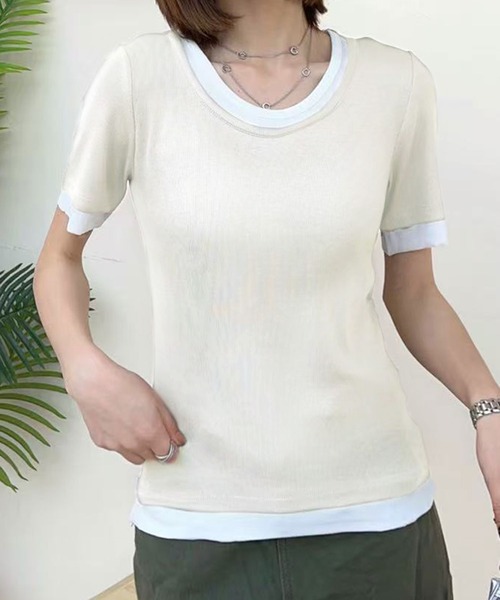aimoha(アイモハ)の「リブ配色Tシャツ (SS)(Tシャツ/カットソー・レディース・グレー/ライトベージュ/ホワイト/ブラック/ダークグレー・MEDIUM/LARGE)」の5枚目の写真