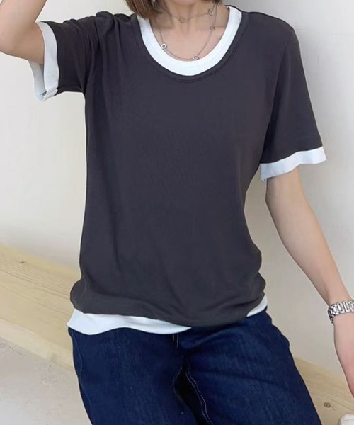 aimoha(アイモハ)の「リブ配色Tシャツ (SS)(Tシャツ/カットソー・レディース・グレー/ライトベージュ/ホワイト/ブラック/ダークグレー・MEDIUM/LARGE)」の4枚目の写真