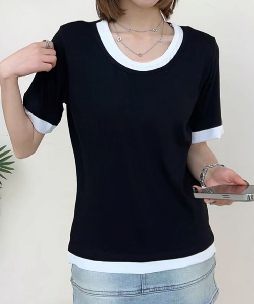 aimoha(アイモハ)の「リブ配色Tシャツ (SS)(Tシャツ/カットソー・レディース・グレー/ライトベージュ/ホワイト/ブラック/ダークグレー・MEDIUM/LARGE)」の2枚目の写真