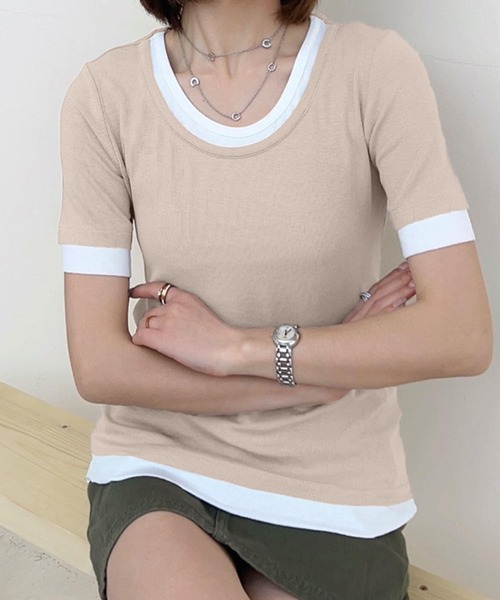 aimoha(アイモハ)の「リブ配色Tシャツ (SS)(Tシャツ/カットソー・レディース・グレー/ライトベージュ/ホワイト/ブラック/ダークグレー・MEDIUM/LARGE)」の8枚目の写真