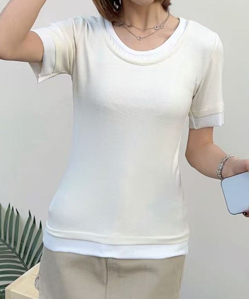 aimoha(アイモハ)の「リブ配色Tシャツ (SS)(Tシャツ/カットソー・レディース・グレー/ライトベージュ/ホワイト/ブラック/ダークグレー・MEDIUM/LARGE)」の9枚目の写真