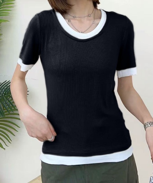 aimoha(アイモハ)の「リブ配色Tシャツ (SS)(Tシャツ/カットソー・レディース・グレー/ライトベージュ/ホワイト/ブラック/ダークグレー・MEDIUM/LARGE)」の10枚目の写真