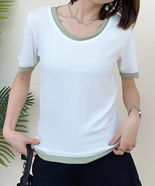 aimoha(アイモハ)の「リブ配色Tシャツ (SS)(Tシャツ/カットソー・レディース・グレー/ライトベージュ/ホワイト/ブラック/ダークグレー・MEDIUM/LARGE)」の11枚目の写真