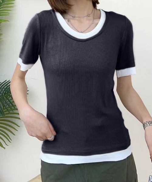 aimoha(アイモハ)の「リブ配色Tシャツ (SS)(Tシャツ/カットソー・レディース・グレー/ライトベージュ/ホワイト/ブラック/ダークグレー・MEDIUM/LARGE)」の13枚目の写真