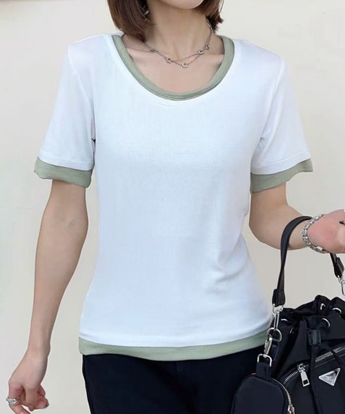 aimoha(アイモハ)の「リブ配色Tシャツ (SS)(Tシャツ/カットソー・レディース・グレー/ライトベージュ/ホワイト/ブラック/ダークグレー・MEDIUM/LARGE)」の14枚目の写真