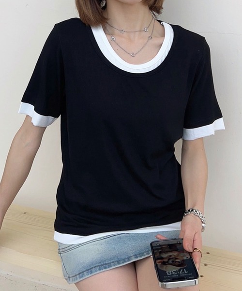 aimoha(アイモハ)の「リブ配色Tシャツ (SS)(Tシャツ/カットソー・レディース・グレー/ライトベージュ/ホワイト/ブラック/ダークグレー・MEDIUM/LARGE)」の15枚目の写真